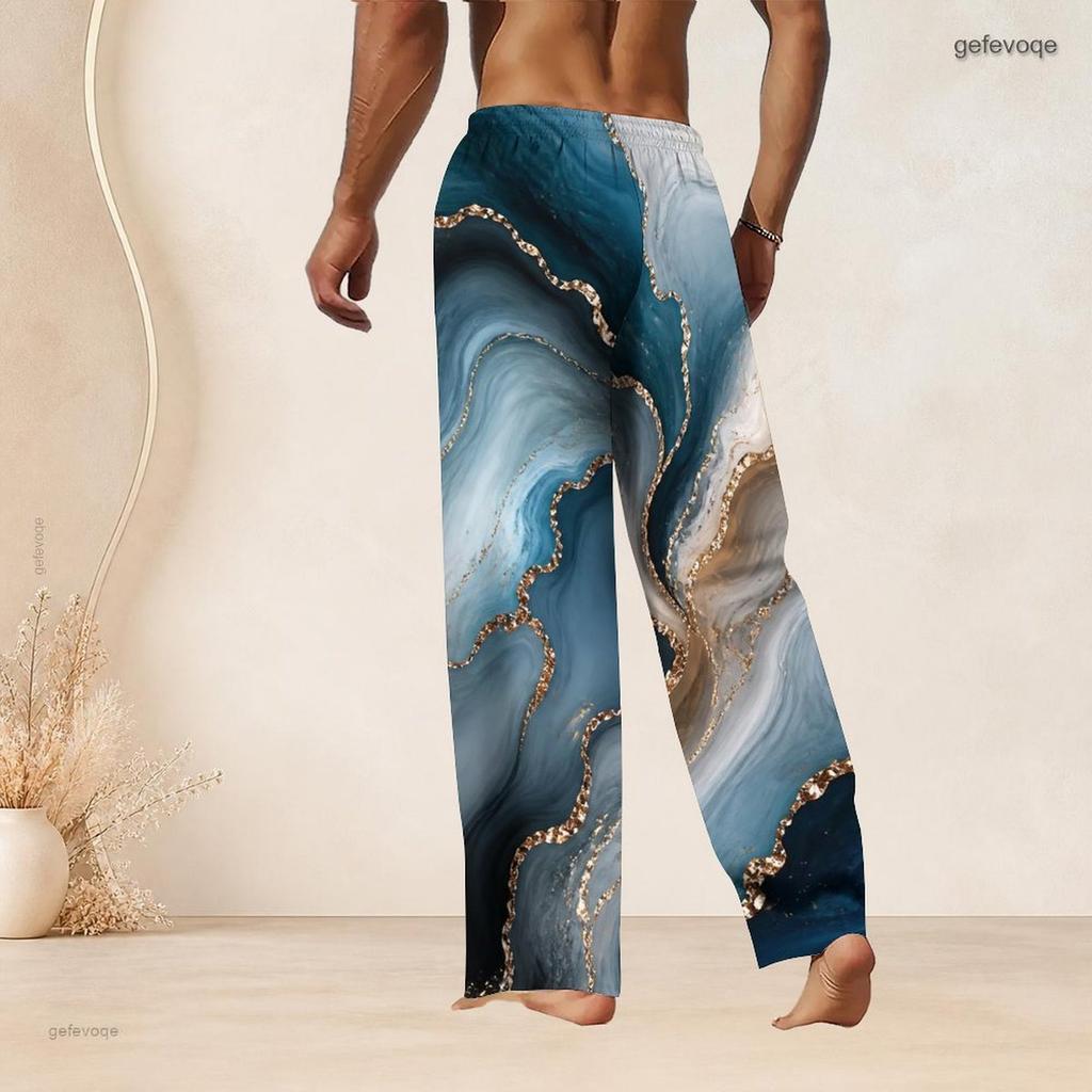 Mens Plus Size Drawstring Waist Colorful Printed Straight Leg Full Length Beach Pants