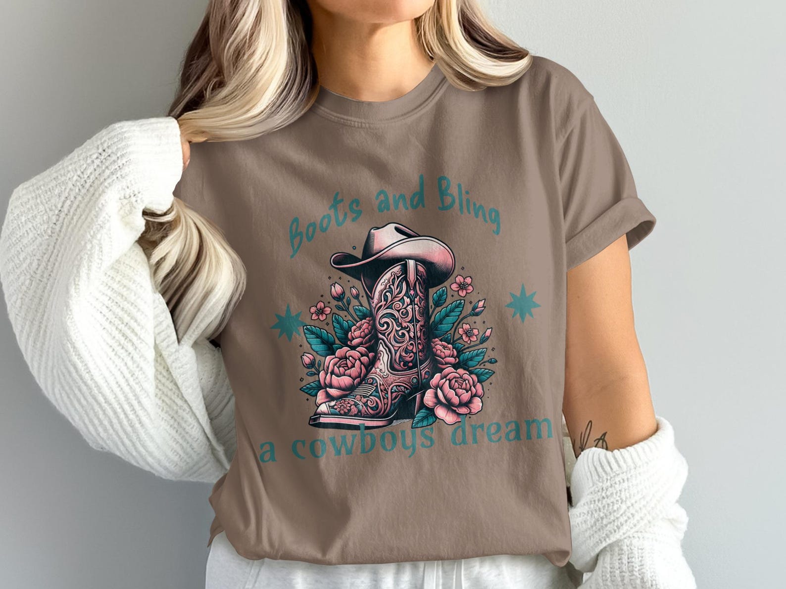 Boots and Bling Cowgirl T-Shirt | Western Floral Tee, Country Style Top S