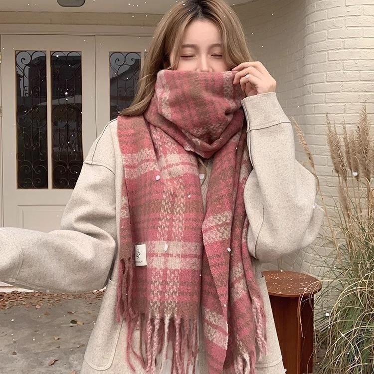 Autumn and Winter Popular Dry Rose Pink Plaid Scarf Female Korean Version Versatile Thickened Long Student Atmosphere Scarf