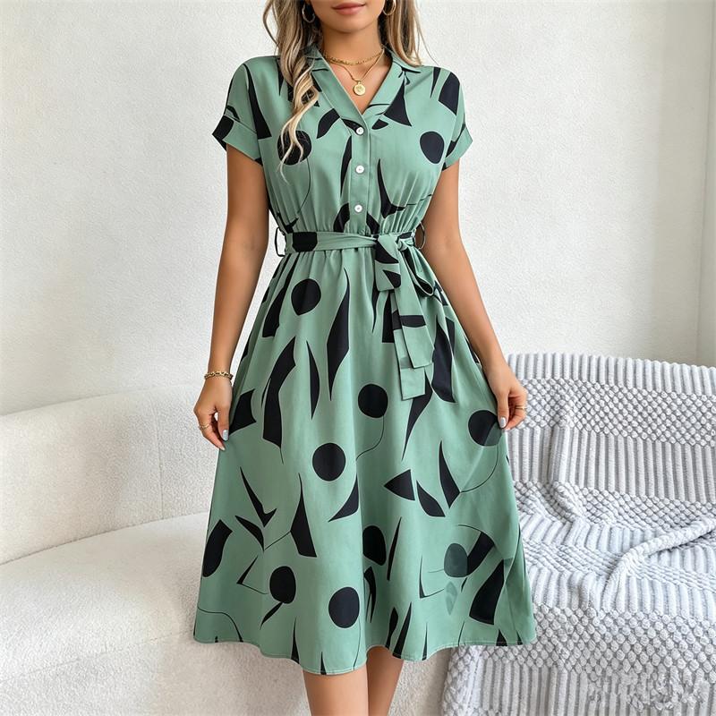 V-Neck Print Dress Women Belt Knee-Length S-6XL