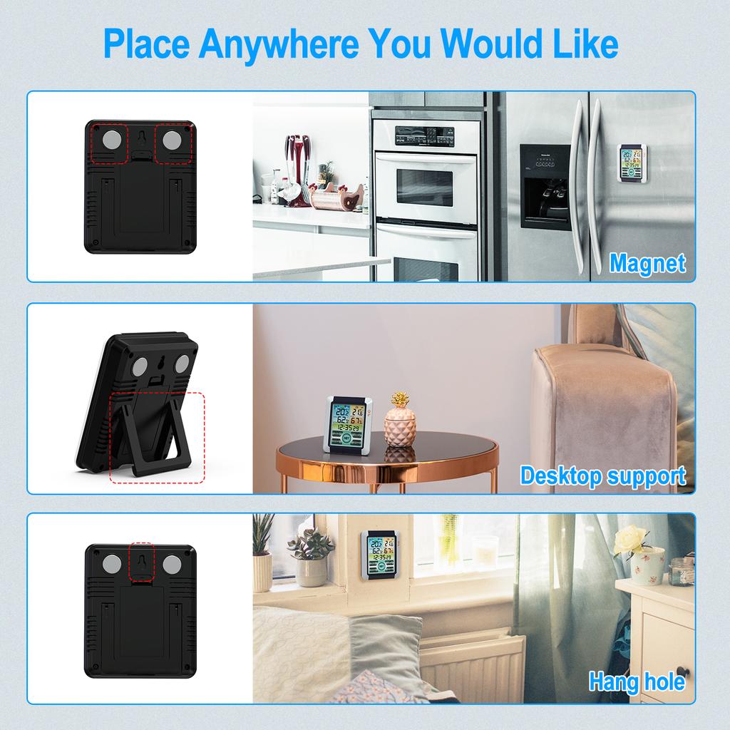 İç Mekan Dış Sıcaklık Nem Ölçer Arka Işık Zaman Alarmı Erteleme ile Renkli Dokunmatik Ekran