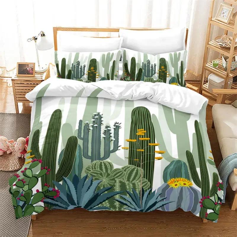 Comforter Chic Cactus Bedding Set Queen For Kids Teen Decor Cartoon Green Plants Succulents Nature Art Floral Comforter