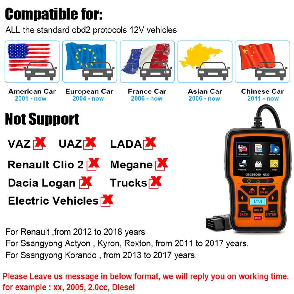 NT301 OBD2 Scanner Professional Read Clear Code ODB 2 Automotivo Scanner Auto Car Diagnostic Tool with Full OBD Function
