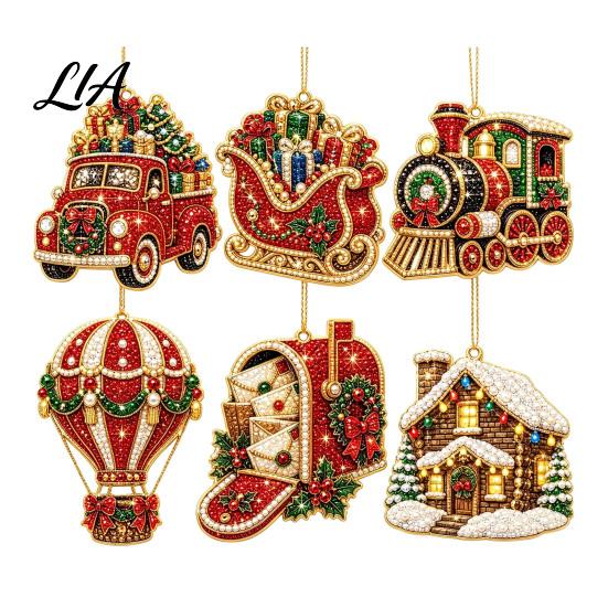 Elegant Holiday Party Supplies 6 Pcs Diamond Art Christmas Ornaments, 2D Flat Pearl Painting Timeless Seasonal Decorations Pattern Hanging Decoration
