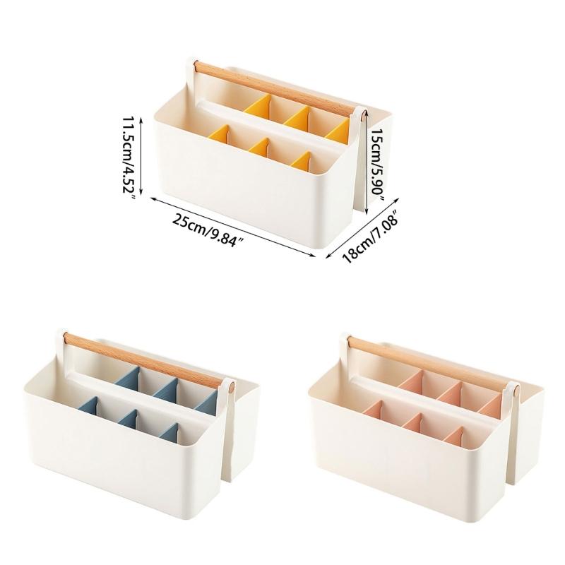 Practical Storage Box with Wooden Handle Multi Compartment Table Storage Box for Sorting Stationery Notebooks Folders