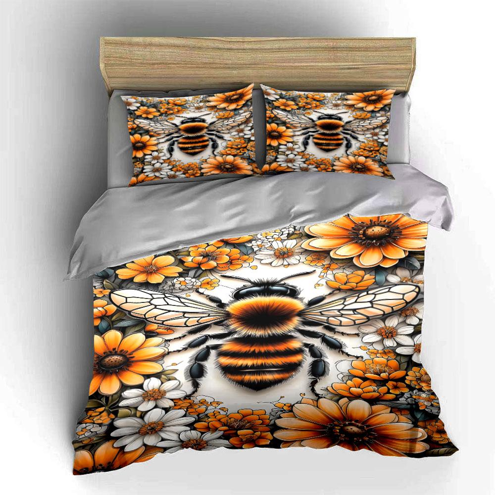 Bee and Vibrant Flower Artwork Print Bedding Set 1 Duvet Cover 2 Pillowcases for Adult and Children Luxury Gift Full Size