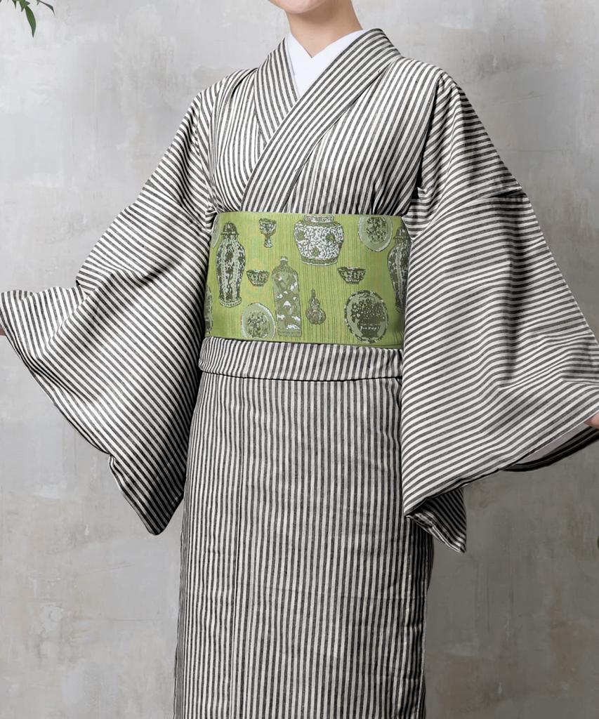 Cotton Polyester Black x [KYOETSU] Kimono, Washable, Single, Blend, Women's, (M, Stripes)