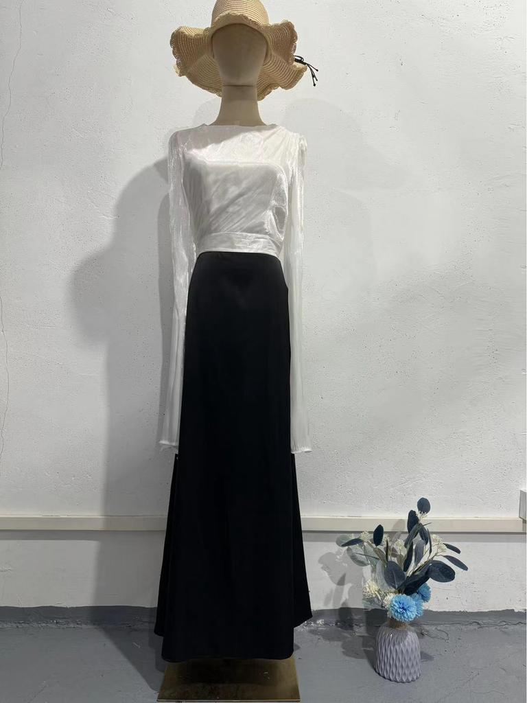 2026 Spring Socialite Slimming Spliced Glass Yarn Long Sleeve Satin Dress