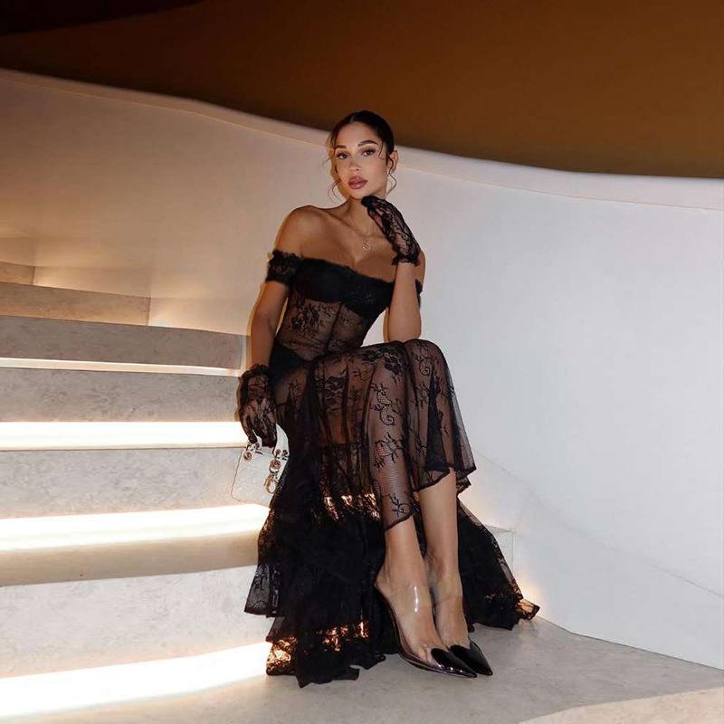 Sexy Durchsichtiges Langes Kleid Aus Spitze, Elegantes Aushöhlen, Rückenfrei, Bedrucktes Partykleid Mit Hoher Taille, Einfarbiges Maxikleid Für Damen