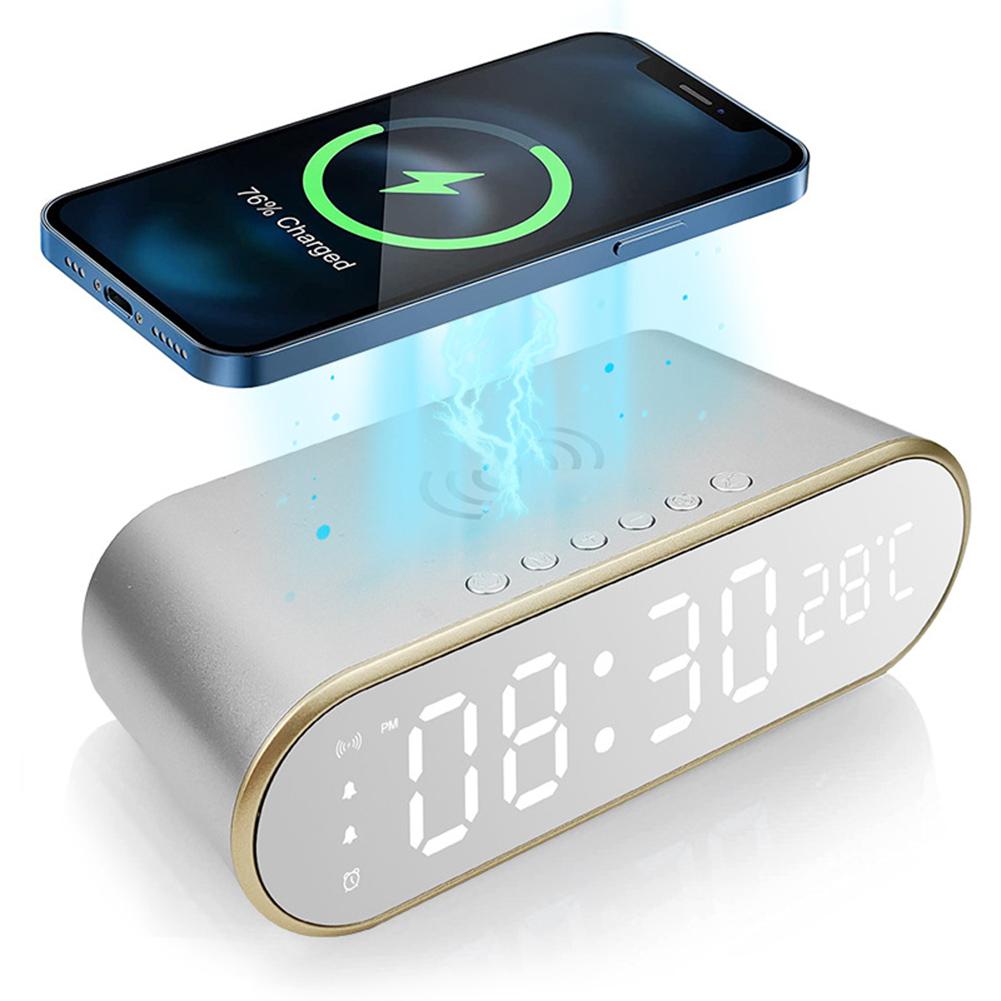 15w Led Digital Alarm Clock Wireless Adjustable Brightness Fast Charging Desk Clocks Thermometer silver#0