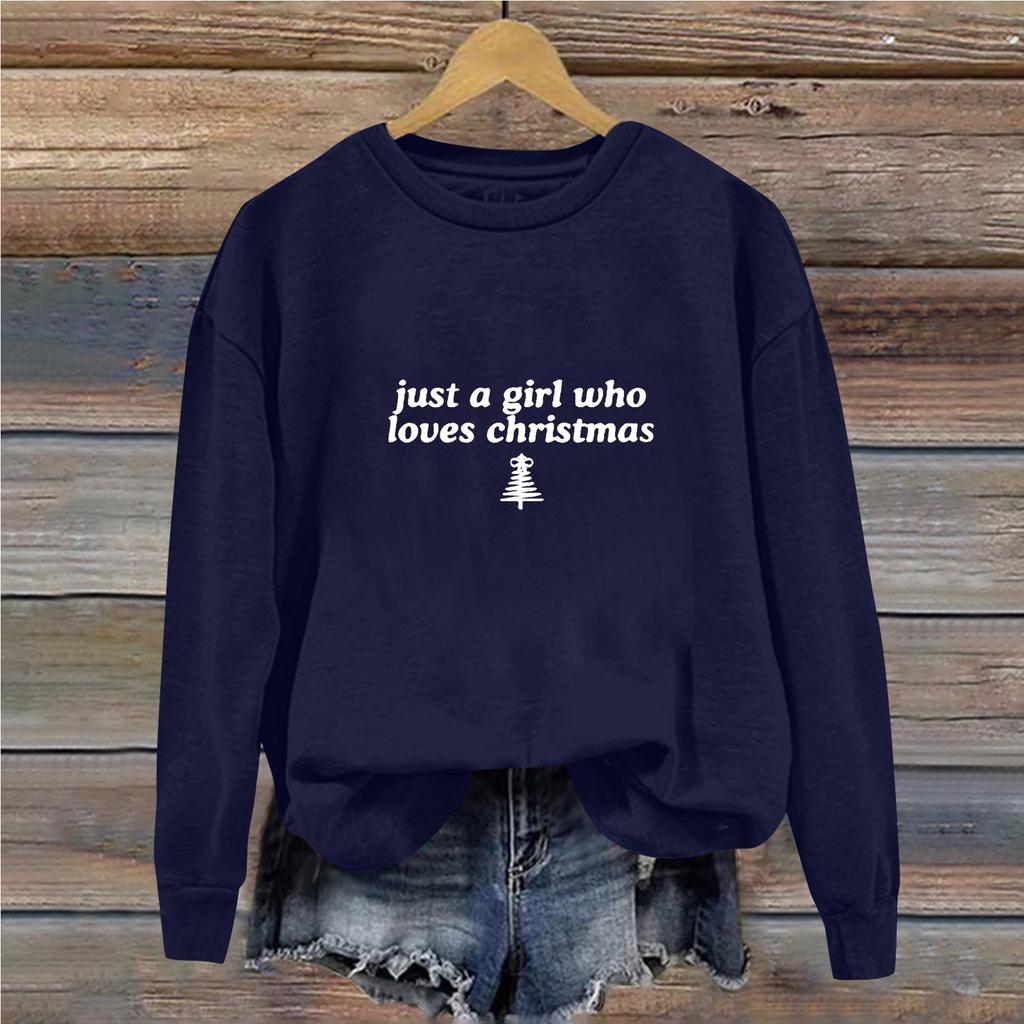 Women's Casual Loose Solid Color Christmas Letter Printed Round Neck Long Sleeved Sweatshirt