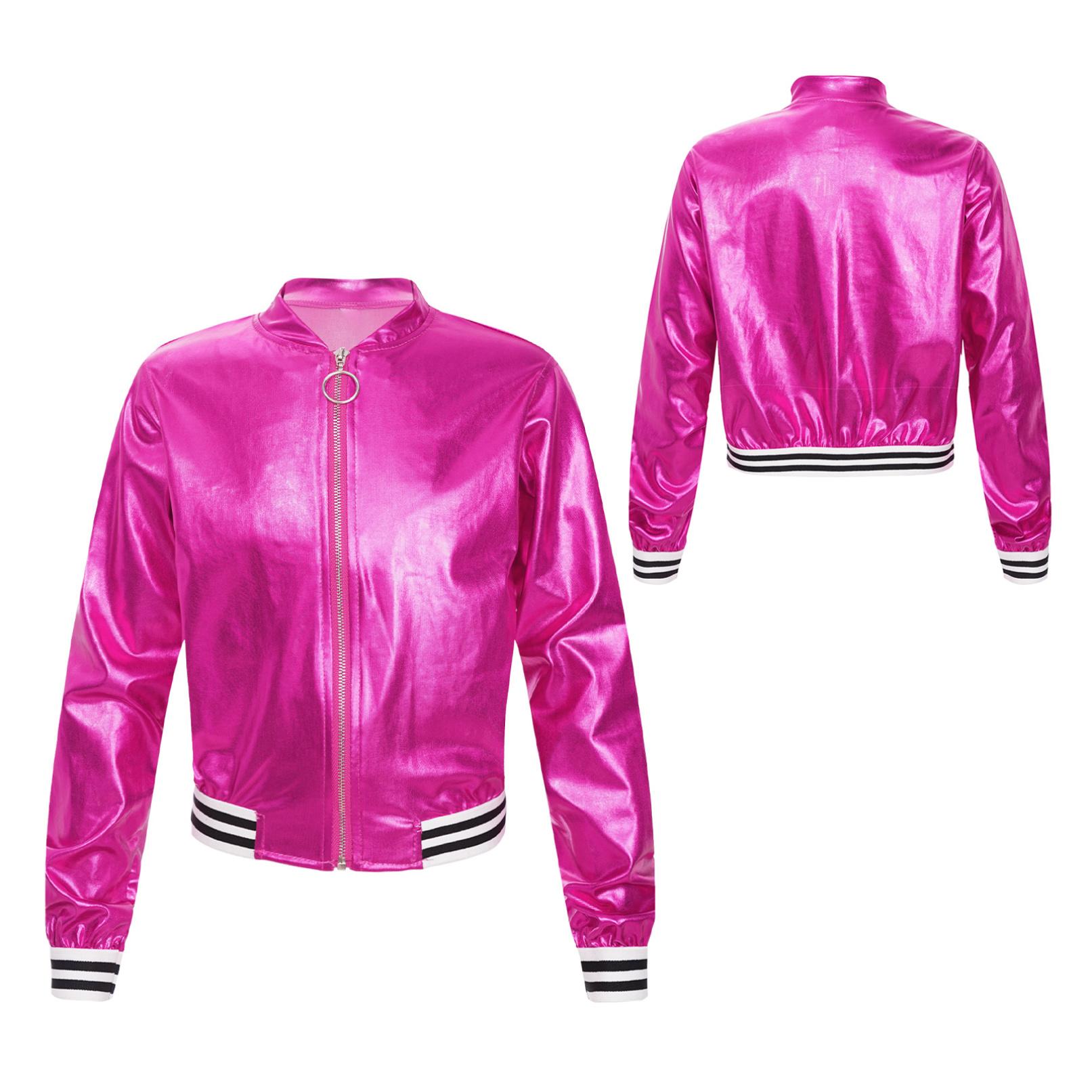 

Діти Дівчата Хлопчики Металевий бомбер Верхній одяг Хіп-хоп Джаз Танцювальні топи Костюм 9-10 Years Яскраво-рожевий