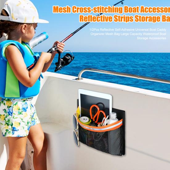 1/2Pcs Reflective Self-Adhesive Universal Boat Caddy Organizer Mesh Bag Large Capacity Waterproof Boat Storage Accessories