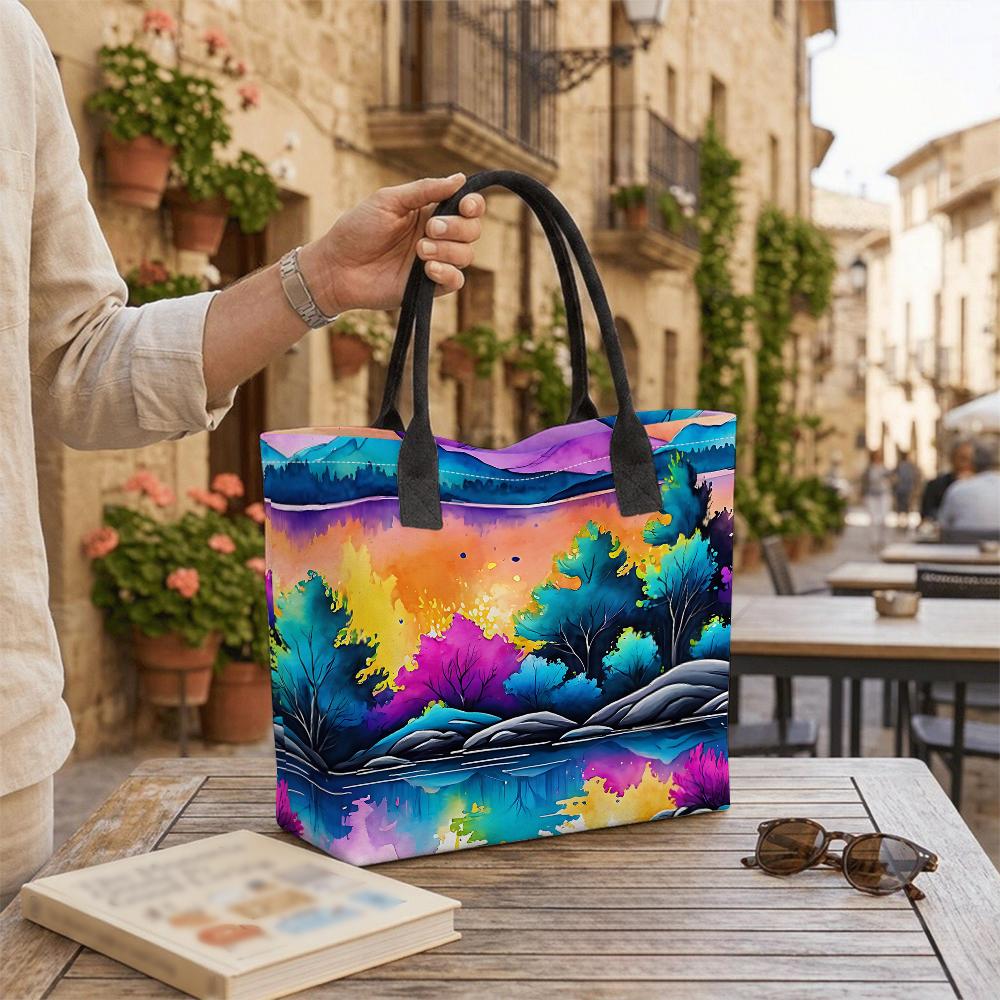 Colorful Watercolor Landscape Tote Bag Large Capacity Fashion Casual Portable Shoulder Bag for Daily Use