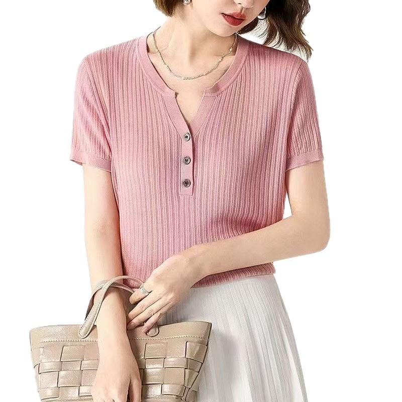 V-neck White Ice Silk Sweater T-shirt for Women Summer New Half-sleeved Slim-fit Top with Front Shoulders and Vests