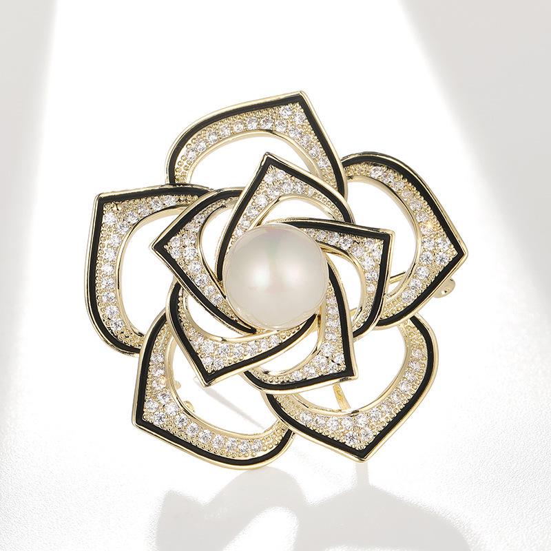 Elegant Camellia Brooch: French-Style Zircon Rose Pin Accessory