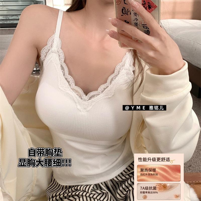 Autumn and winter cashmere lace suspender thermal vest women's fixed chest pad thickened thermal inner cover slim fit thermal clothing