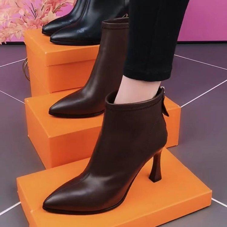 Winter New Comfortable Soft Leather Pointed Temperament Women's Boots Soft Sole Soft Surface Single Boots Autumn and Winter Zipper Short Boots Women
