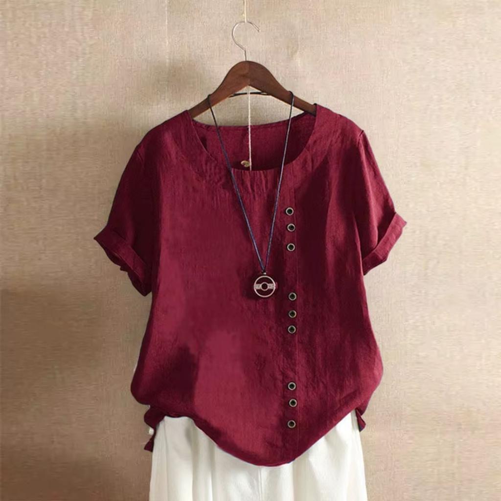 18 Colors S-5XL Women Cotton Linen Button Blouse Summer Female O-Neck Short Sleeve Solid Shirt Tops