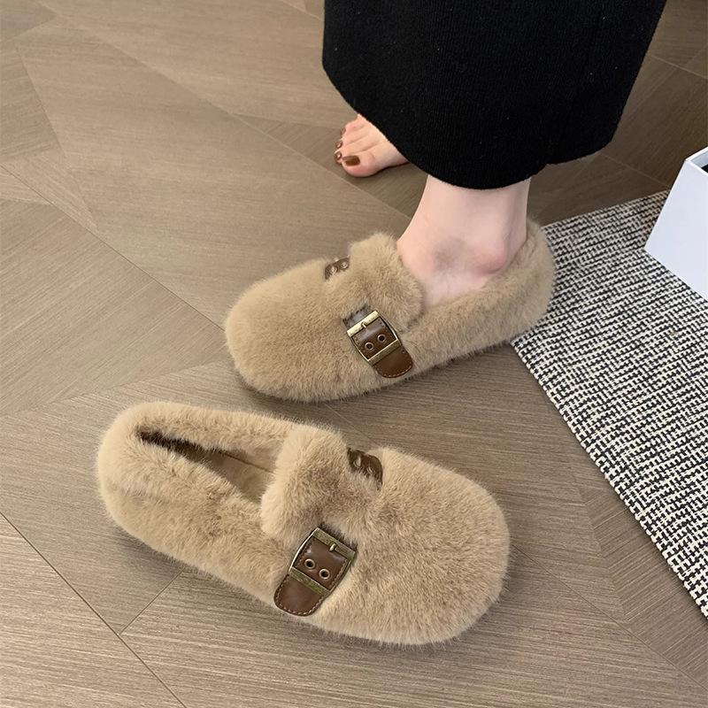 Mink Hairy Shoes Women Wear 2025 New Autumn and Winter Fairy Wind One Pedal Bean Shoes Women's Flat-bottomed Velvet Cotton Shoes
