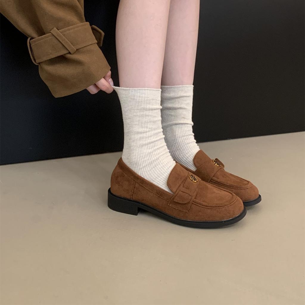 British style brown retro one-pedal loafers women's 2025 autumn and winter new thick-heeled small leather shoes retro single shoes