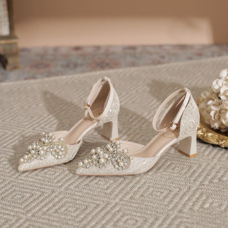 Pearl bag head hollow sandals women's spring new pointed single shoes women's thick heels are not tired of high heels