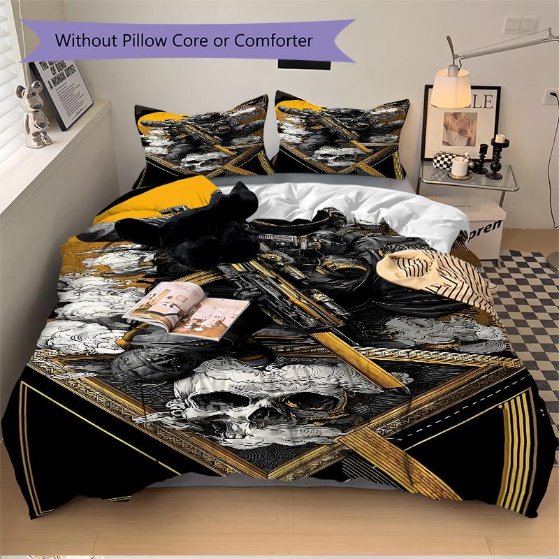 3pcs Golden Skull Tactical Gear Home Decor Bedding Set-Perfect for Bedroom, Guest Room, Living Room, Hotel Use-Ideal Gift for Fans, Traveler