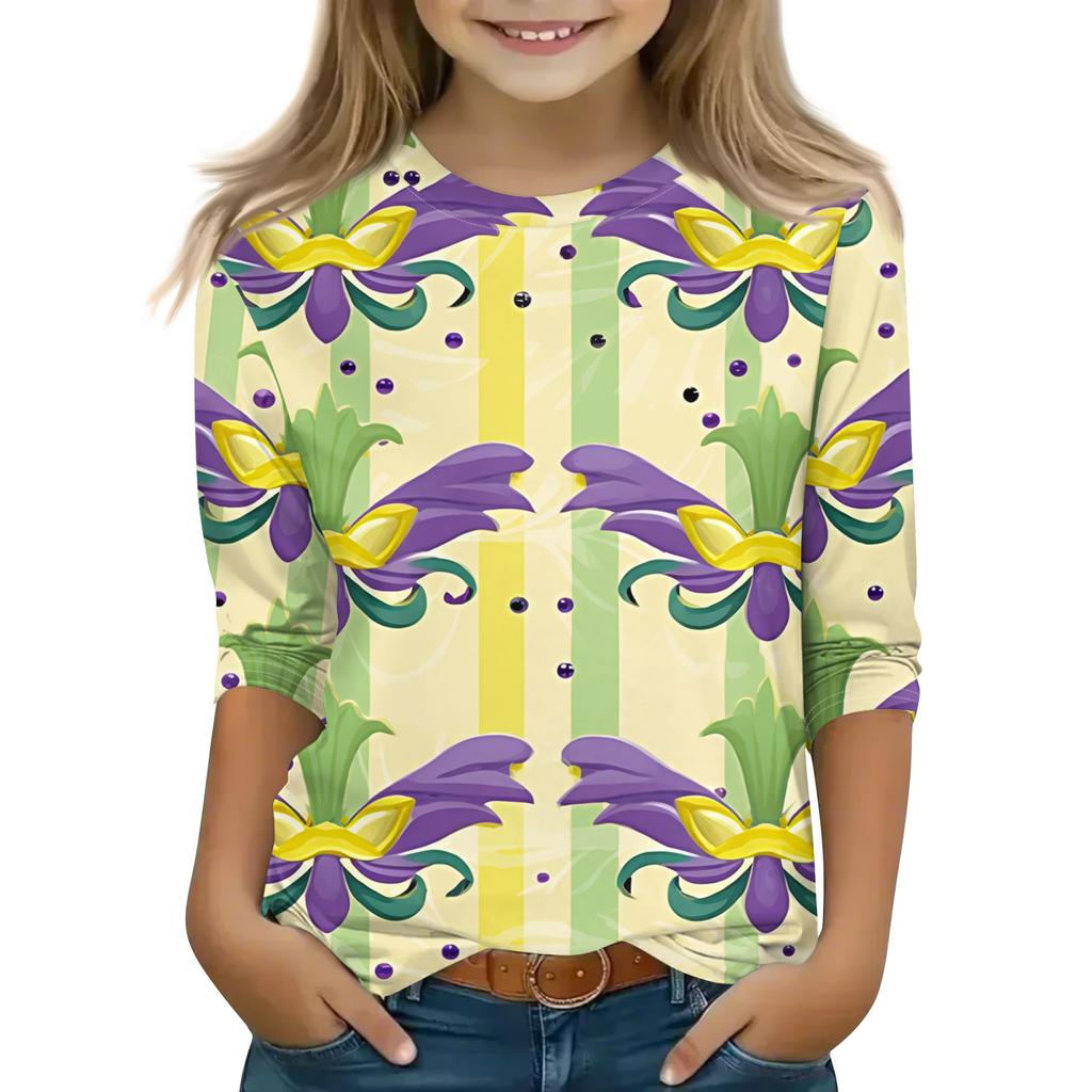 Print Tops For Youth Girls Round Neck 3/4 Sleeves T-Shirts Trendy Tops Outfit Tees