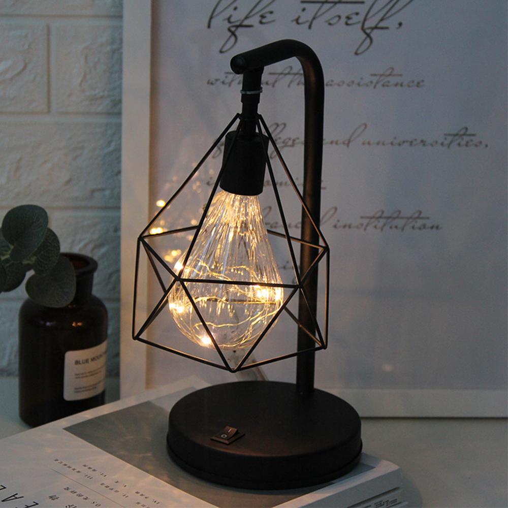 Retro Iron Art LED Night Light Geometric Desk Lighting Bedside Lamp Classic Iron Home Living Room Coffee Bar Decor Ambience Lamp