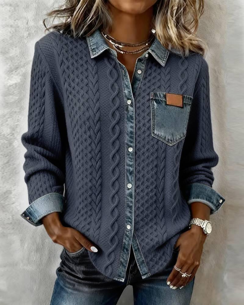 Dark Grey Knit Shirt with Denim Trim and Chest Pocket