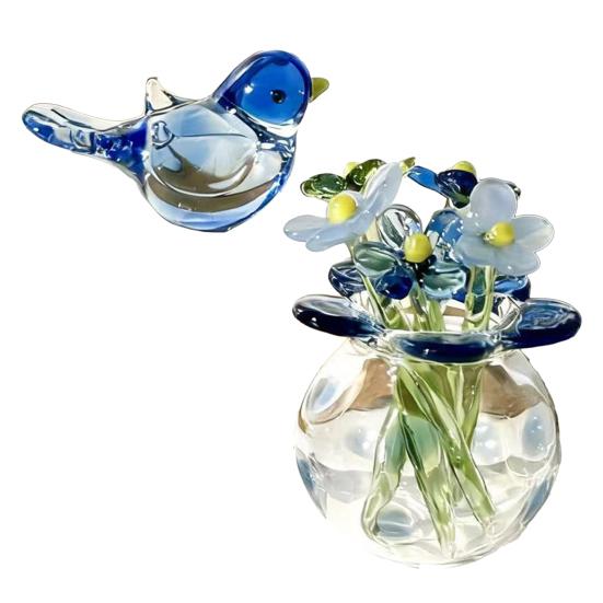 

Миниатюрная стеклянная фигурка цветка Маленький ручной выдувки букет из искусственного хрусталя в вазе с бабочкой/птицей/пчелой Коллекционная для стола в доме/офисе Садовый B