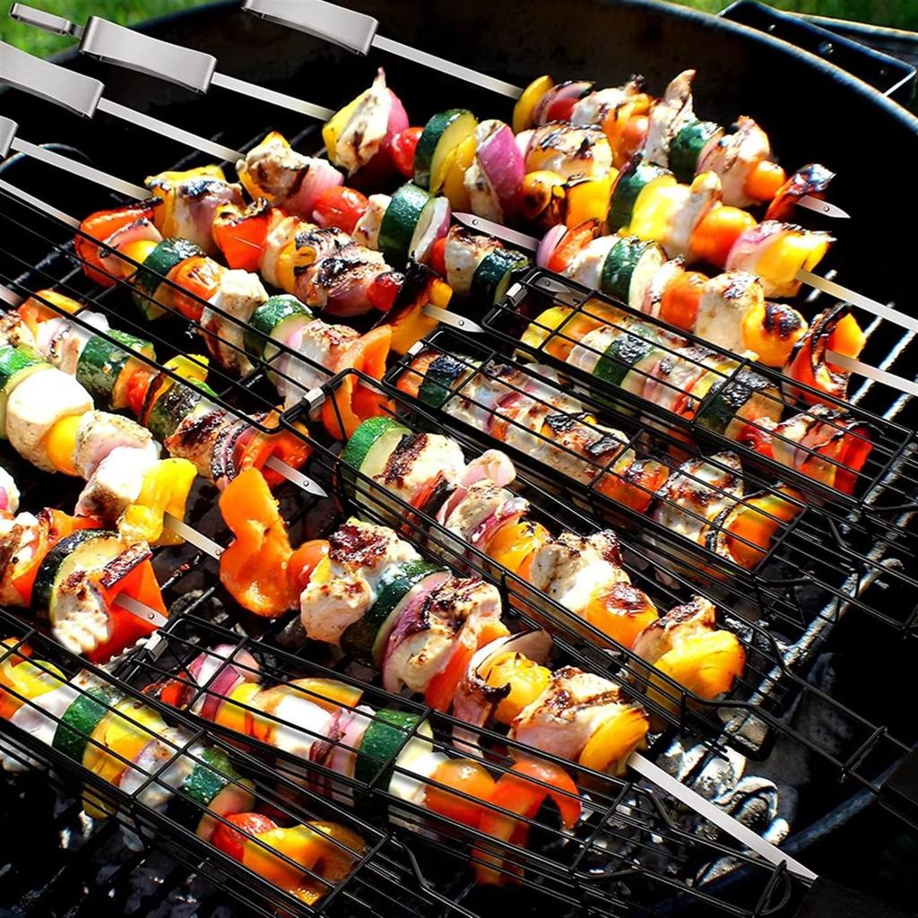 Rolling Grill Basket BBQ Mesh Tube Removable Wooden Handle Stainless Steel Round Mesh Cage Outdoor Camping Cooking Tools