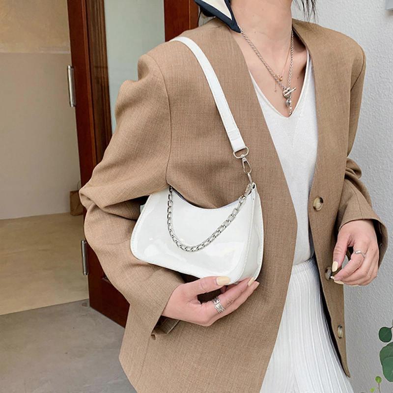 Elegant Lacquer PU Leather Armpit Bag Handbag Evening Bag Shoulder Bag with Zipper Messenger Bag for Girls Women Working  Black