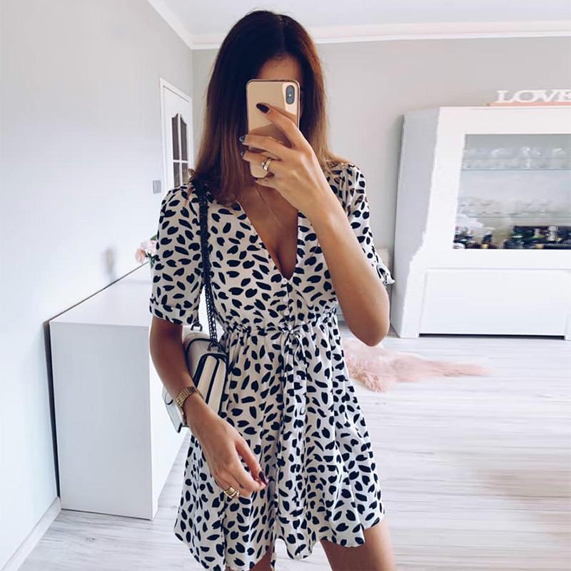 European and American Fashion Print Button Tie Summer Beach Casual Dress 2021 Women's Clothing