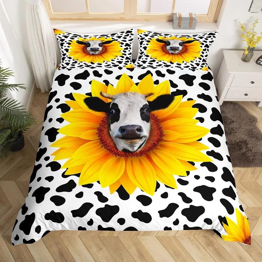 Cow Duvet Cover Collection King Microfiber Milk Cow And Yellow Sunflower Print Comforter Cover Cute Animal And Floral Theme Bedding Collection