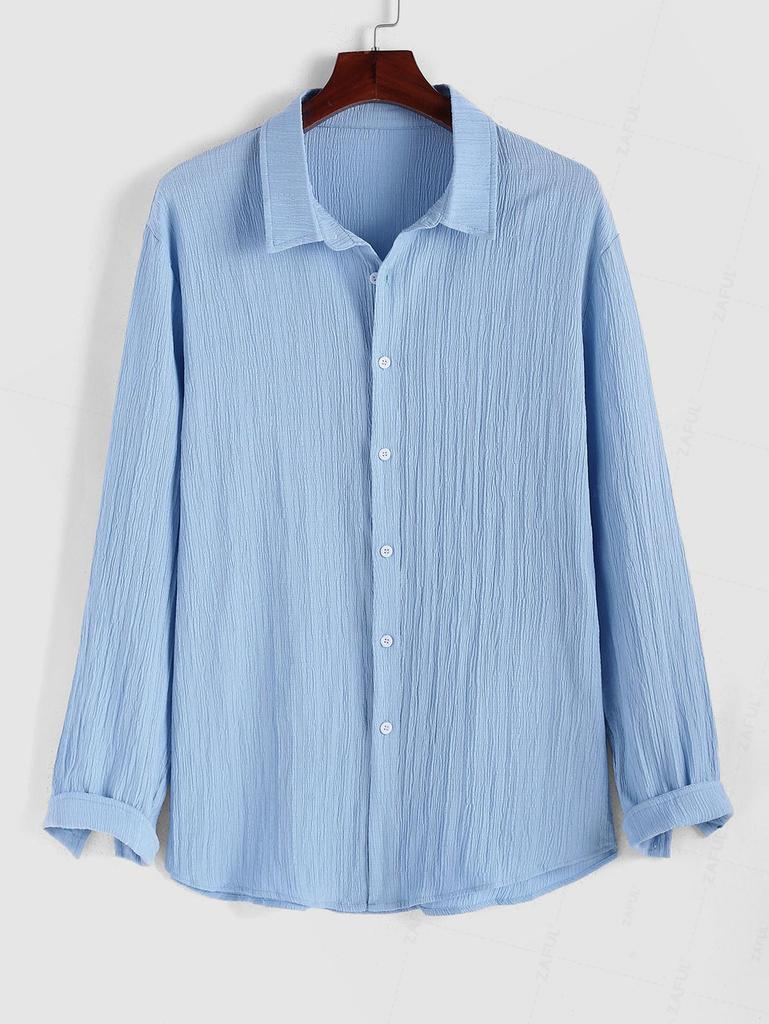 ZAFUL Men's Casual Minimalist Solid Color Textured Button Front Long Sleeves Shirt