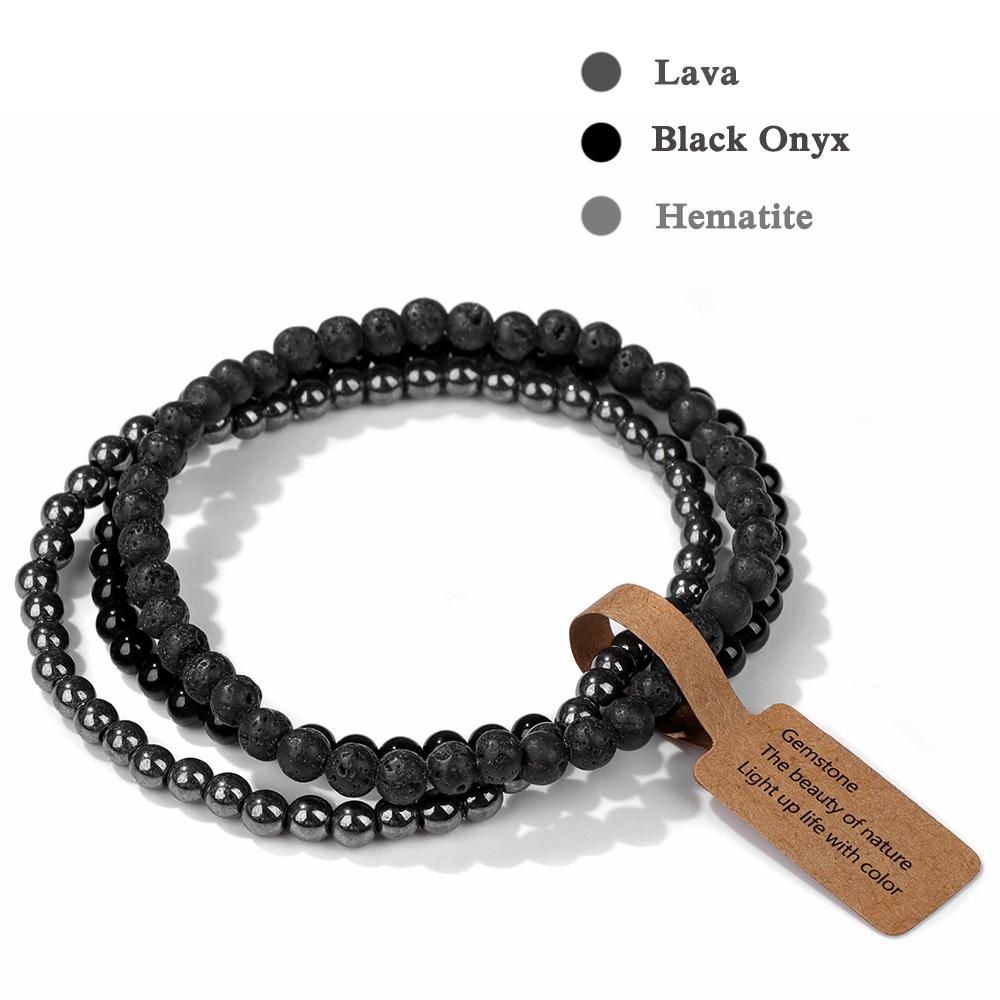 3Pcs/set Natural Green Stone Bracelet 4mm Moss Agates Black Onyx Cat Eye Beads Elastic Bracelets For Women Men Simple Jewelry