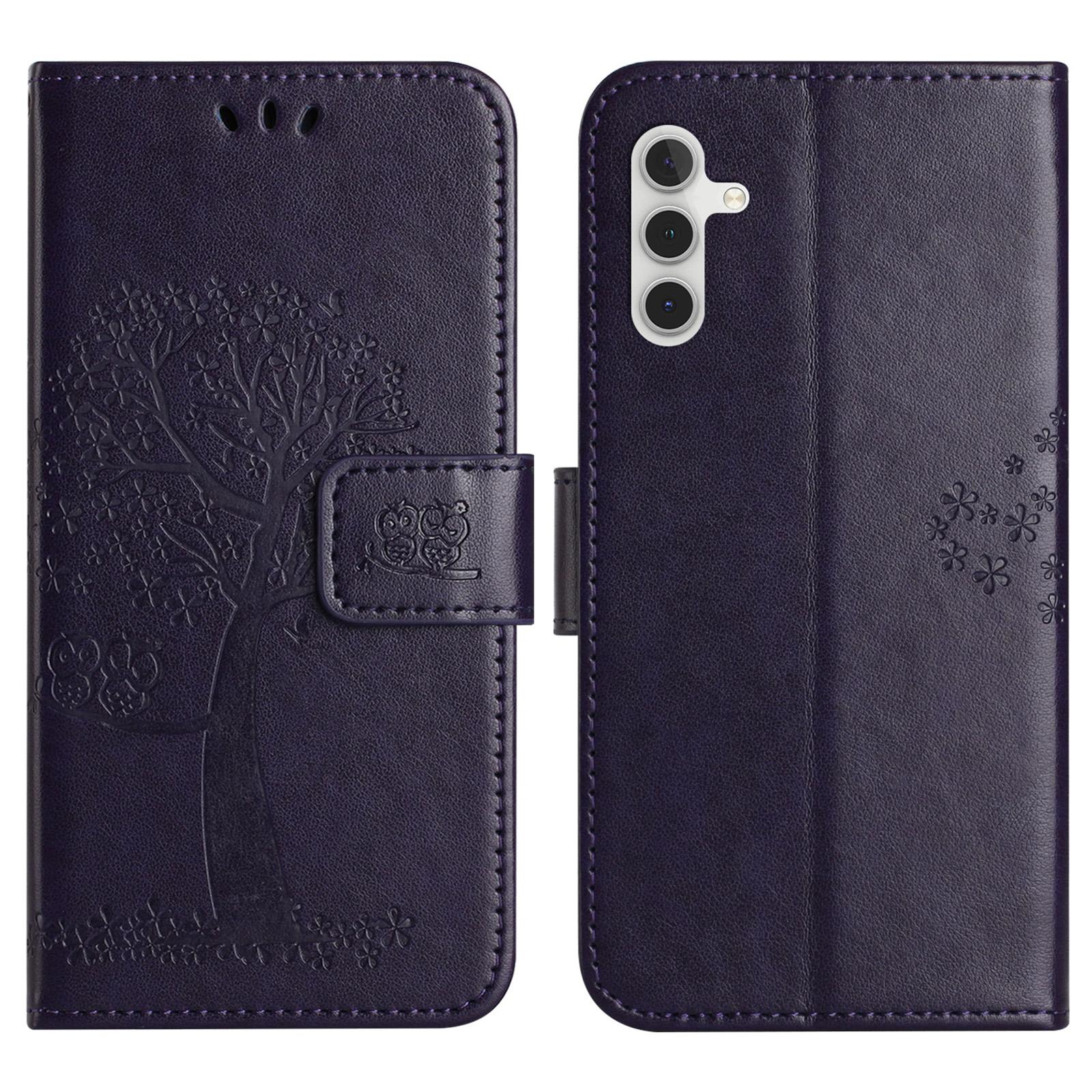

For Samsung Galaxy A56 5G Case PU Leather Owl Tree Imprinted Wallet Phone Cover Dark Blue