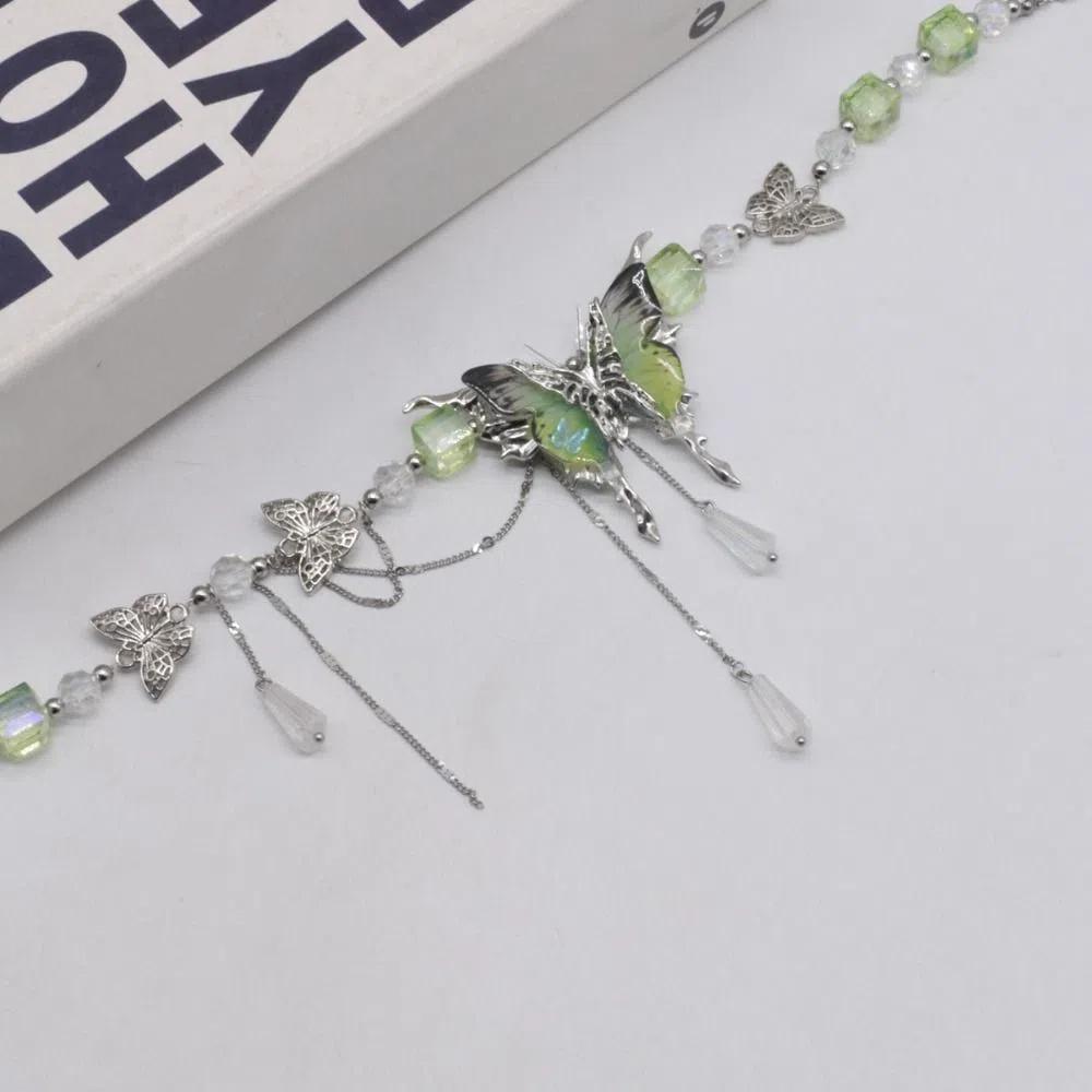 Sweet Rhinestone Butterfly Necklace Exaggerated Women's Choker Tassel Crystal Necklace  Party