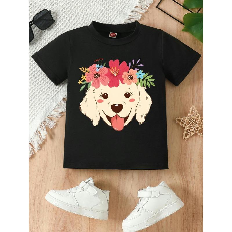 European sizes This Cartoon-Style Girls' T-Shirt Features a Cute Print of a Puppy Wearing a Flower Wreath; Designed with a Round Neckline