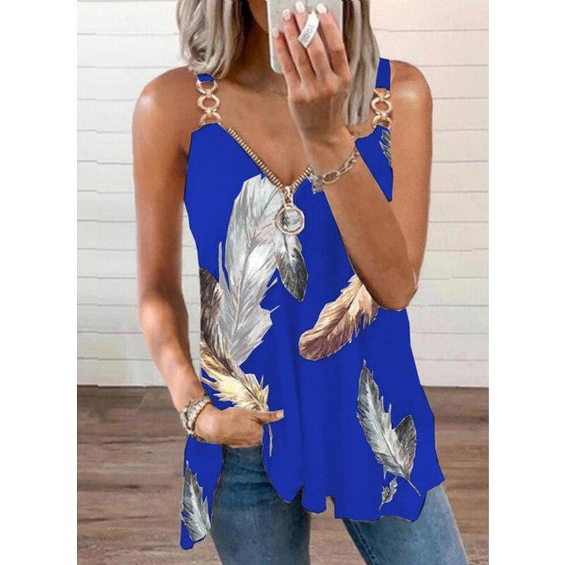 2023 Fashion Sleeveless Leaf Print Blouse For Woman V Neck Zipper Loose Shirts Elegant Casual Stylish Tops Summer Blusas 26506