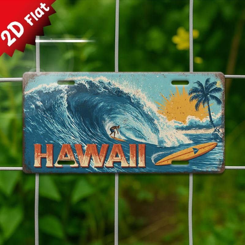 D Flat Single Piece Vintage Metal Sign Decorative Plaque And Signboard Retro Sign Featuring Surfing Waves And Hawaiian