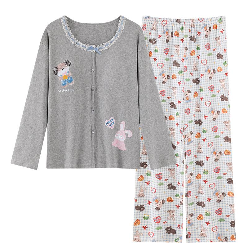2025 Women's Pure Cotton Pajama Set - Long Sleeve & Pants, with Breast Pads, Loose Home Wear, Spring/Autumn Two-Piece.