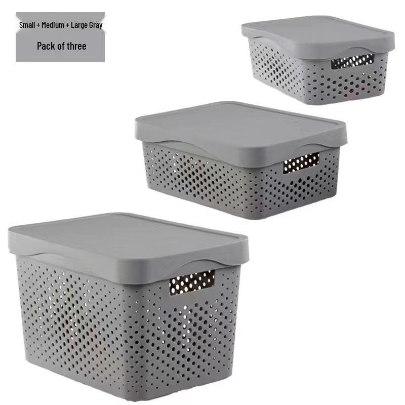 Hollow Plastic Storage Basket with Lid - Desktop Organizer & Wardrobe Bin