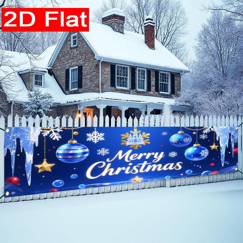 Blue Silvery Christmas Yard Banner, Merry Christmas Xmas Text Design, Polyester Outdoor Porch Fence Wall New Year Party Supplies