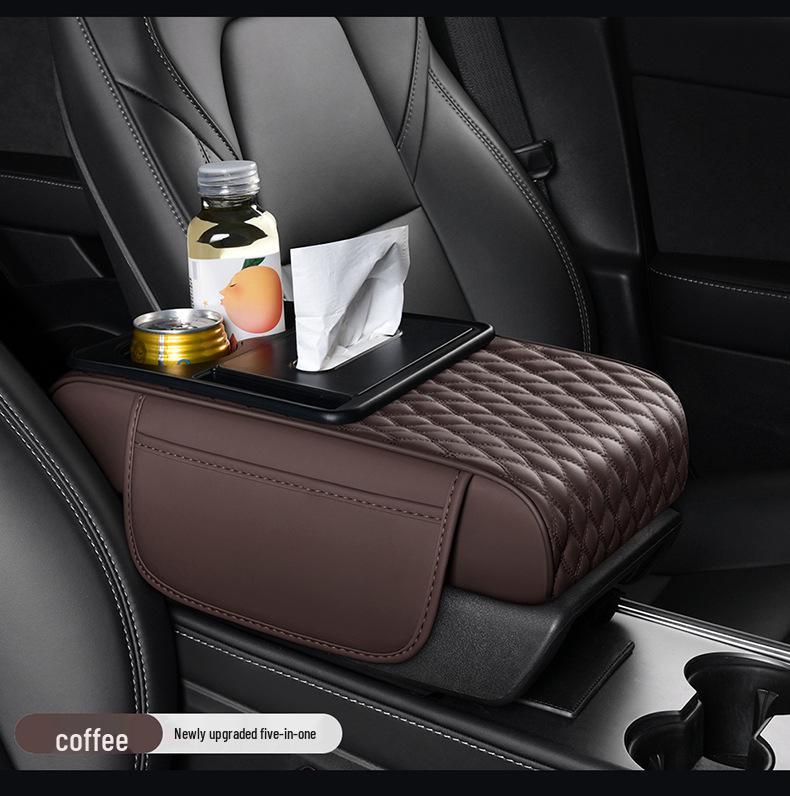 Car Armrest Pad with Console Riser, Tissue Box, Cup Holder & Protector 5-in-1
