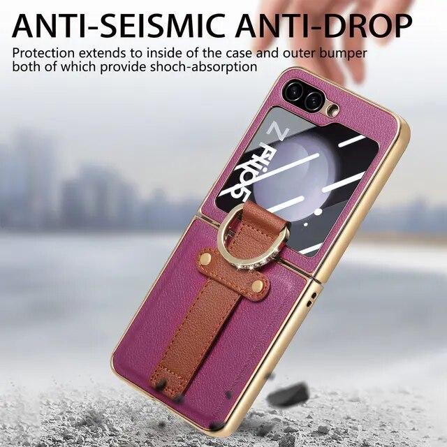 Anti-Knock Portable Bling Ring Case for Samsung Galaxy Z Flip 5 Flip4 Flip5 Flip 4 5G Leather Cell Phone Cover Glass Film