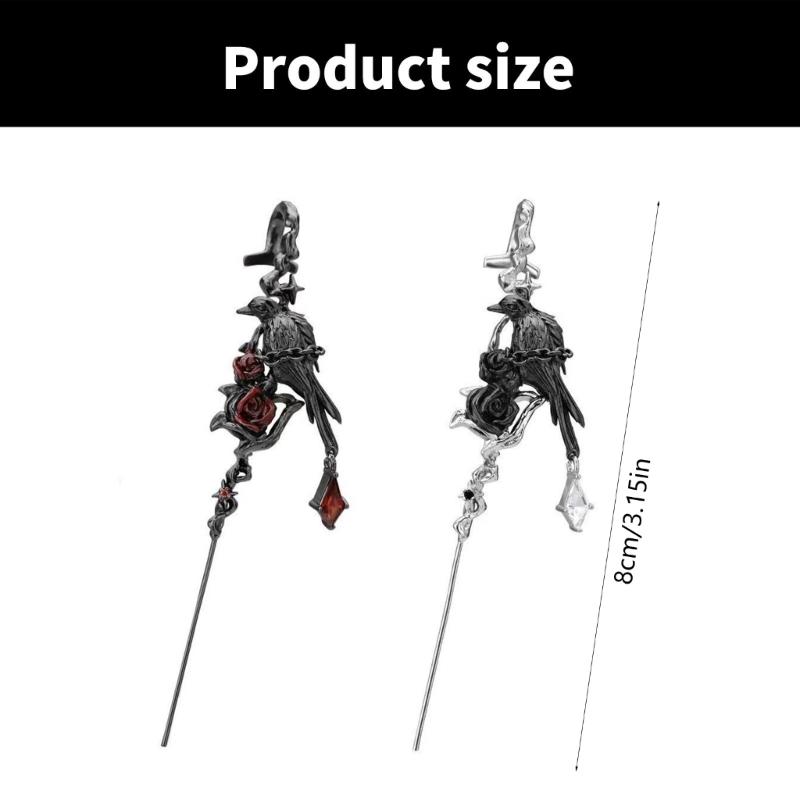 Comfortable Piercing Earrings Rose and Black Crow Stick Clip Earring Alternative Style Accessories Party Wear Jewelry