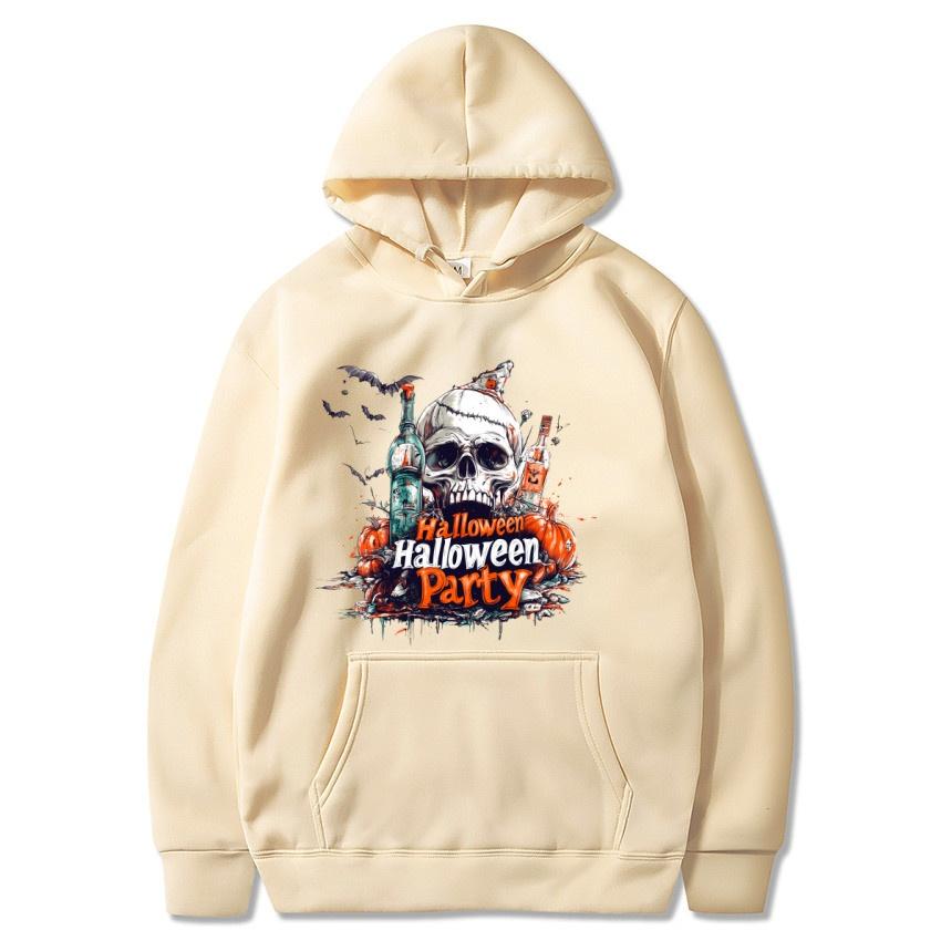 Fall/Winter Halloween Fleece Hoodie Skull Print Fashion Street Hoodie Men's and Women's Daily Long Sleeve Warm Hoodie