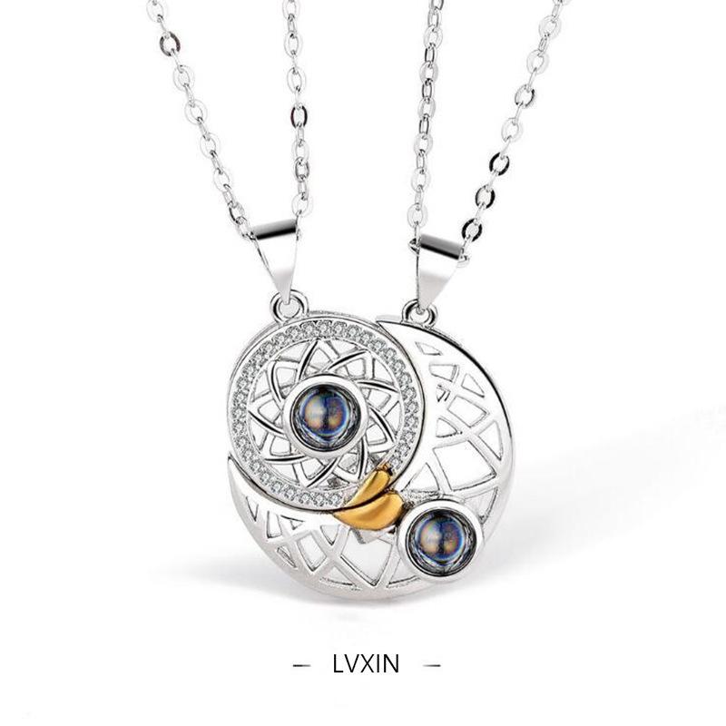 1 Pair Magnetic Couple Matching Necklace for Women Men 100 Languages I Love You Projection Sun Moon Heart Shape Pendant Jewelry